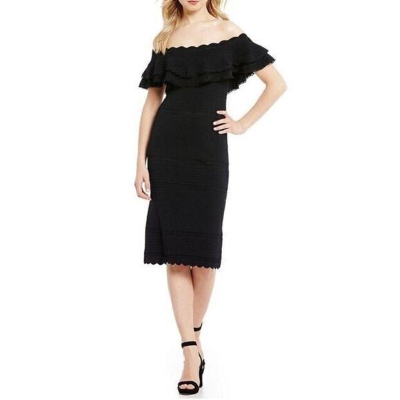 2/$30 Eliza J Off-the-Shoulder Layered Ruffle Scalloped Dress Black Sheath #6676 - Picture 1 of 15